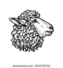 Hand drawn sheep portrait. Side view. Sketch style farm domestic animal. Best for logo designs. Vector illustrations isolated on white.