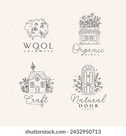 Hand drawn sheep, store, house, door labels drawing in floral style on light background