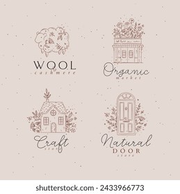 Handgezeichnete Schafe, Geschäft, Haus, Tür Etiketten Zeichnung im floralen Stil mit braunrosa Hintergrund