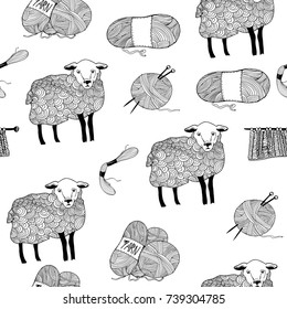 Hand drawn sheep and wool balls. Graphic vector seamless pattern