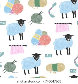 Hand drawn sheep and yarn. Colored graphic vector seamless pattern