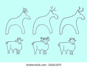Hand drawn sheeps and deers, design elements for New Year