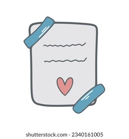 Hand drawn sheet of paper is glued with washi tape. Cute love message with heart. Color note icon doodle sketch style, isolated vector illustration