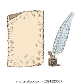 Hand drawn sheet of paper scroll, feathers and inkwell. Pencil sketch, engraving in vintage retro style. Vector illustration
