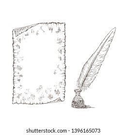 Hand drawn sheet of paper scroll, feathers and inkwell. Pencil sketch, engraving in vintage retro style. Vector illustration