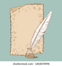 Hand drawn sheet of paper scroll, feathers and inkwell. Pencil sketch, engraving in vintage retro style. Vector illustration