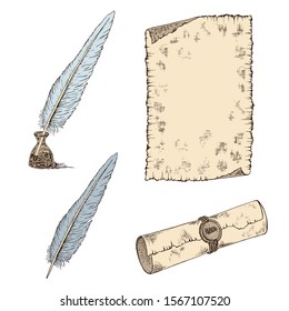 Hand drawn sheet of paper scroll, feathers and inkwell. Pencil sketch, engraving in vintage retro style. Vector illustration
