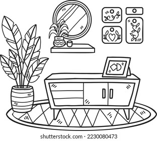 Hand Drawn shelf with plants on carpet interior room illustration isolated on background