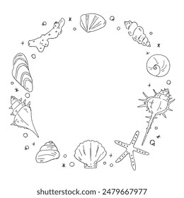 Hand drawn shell circular frame, line drawing frame