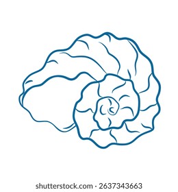 Hand drawn shell in doodle style. Mediterranean blue summer icon, element for italian menu, wedding, print, invitation. Ink sketch design of summer beach. Flat tropical minimalist vector illustration.