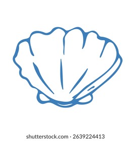 Hand drawn shell in doodle style. Mediterranean blue summer icon, element for italian menu, wedding, print, invitation. Ink sketch design of summer beach. Flat tropical minimalist vector illustration.
