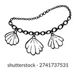 Hand drawn shell necklace with beads black outline illustration isolated on white background boho summer jewelry accessory. Vector illustration