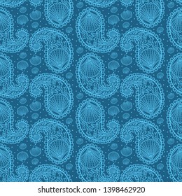 Hand drawn shell paisley motif illustration. Seamless vector pattern all over print. Ocean marine persian style. Blue foulard drop motif. Decorative stylized shawl ,retro medallion. Textile home decor