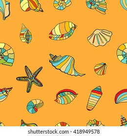 Hand drawn shell seamless background. Vector illustration image.