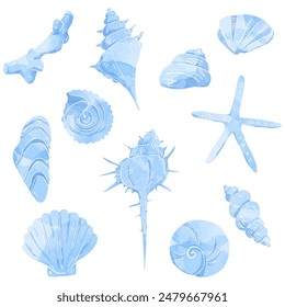 Hand drawn shell set, watercolor, decorative materials