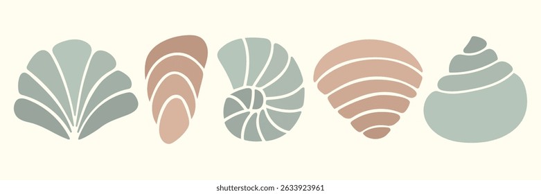 Silhuetas de concha desenhadas à mão definidas em cores pastel modernas. Ícone de concha mínimo. Elemento para marca de natureza de verão, embalagem, design de praia, logotipo, impressões de férias, viagem, decoração do mar, design de padrão