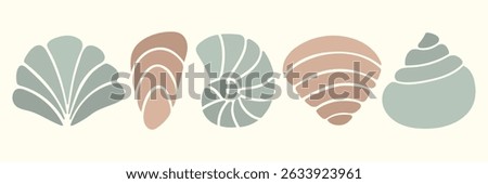 Hand drawn shell silhouettes set in modern pastel colors. Minimal seashell icon. Element for summer nature branding, packaging, beach design, logo, vacation prints, travel, sea decor, pattern design