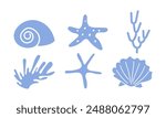 Hand Drawn Shells. Underwater plants, shells, starfish, corals. Doodle style