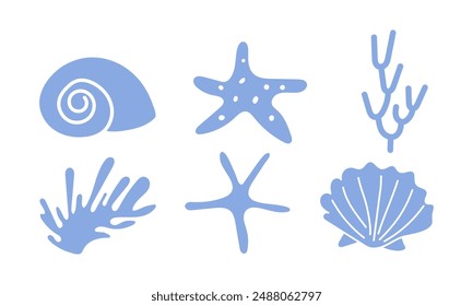 Cáscaras dibujadas a mano. Plantas submarinas, conchas, estrellas de mar, corales. Estilo Doodle