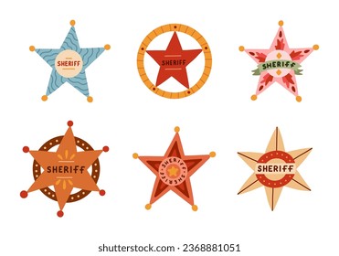 Hand drawn sheriff badge set in cartoon cute style. Golden symbol of western police, sign of law, security and justice. Wild West and cowboy symbol with shields. Collection of star emblems.