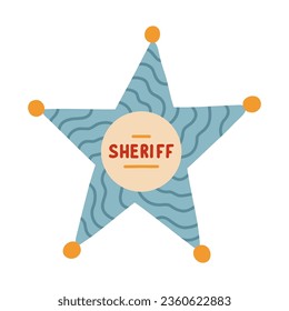Hand drawn sheriff badge in the star shape in cartoon cute style. Emblem of western police, sign of law, security and justice. Wild West and cowboy symbol with golden elements isolated on background