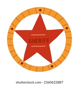 Hand drawn sheriff badge in the star shape in cartoon cute style. Golden emblem of western police, sign of law, security and justice. Wild West and cowboy symbol with shields isolated on background