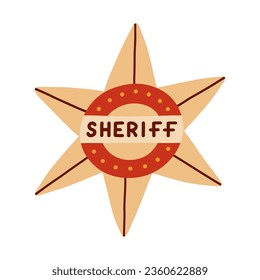 Hand drawn sheriff badge in the star shape in cartoon cute style. Golden hexagonal emblem of western police, sign of law, security and justice. Wild West and cowboy isolated symbol with shields.