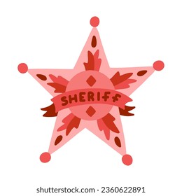 Hand drawn sheriff badge in the star shape in cartoon cute style. Cowgirl emblem of western police, sign of law, security and justice. Wild West and cowboy symbol with ribbons isolated on background