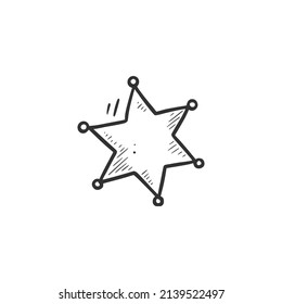 Hand drawn sheriff star element. Comic doodle sketch style. Cowboy, western concept icon. Isolated vector illustration.