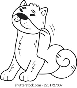 Hand Drawn Shiba Inu Dog scratching hair illustration in doodle style isolated on background