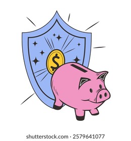 Hand drawn shield with a cute piggy bank and coins. Vector design of no buy concept.