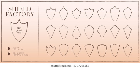 Hand drawn shield outline set. Vintage sketch heraldry emblems for coat of arms, medieval logos, labels, stamps and fantasy game badges. Editable vector