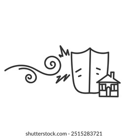 hand drawn shield protect house from storm in doodle style icon