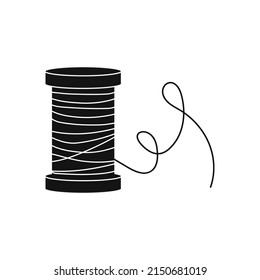 Hand drawn shilhouettes of spool with thread for tailors, sewers isolated on white bg
