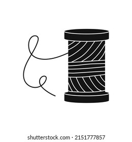 Hand drawn shilhouettes of spool with thread for tailors, sewers isolated on white bg