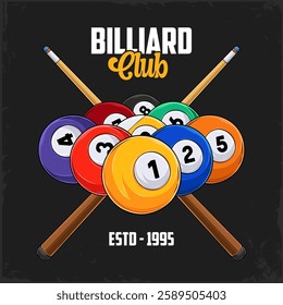 Hand drawn shiny billiard nine balls rack with cues ready to break for a pool club competition