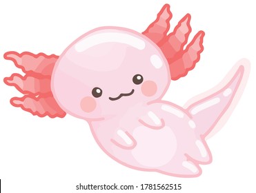 Dibujo mano brillante lindo estilo kawaii luz axolotl rosado sonriente animal elemento de ilustración del vector del océano marino aislado en fondo blanco