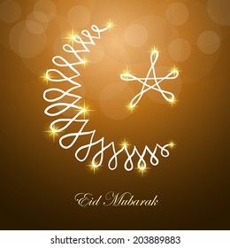 Hand drawn. Shiny moon and star on abstract background for holy month of muslim Eid Mubarak. Greeting card design.