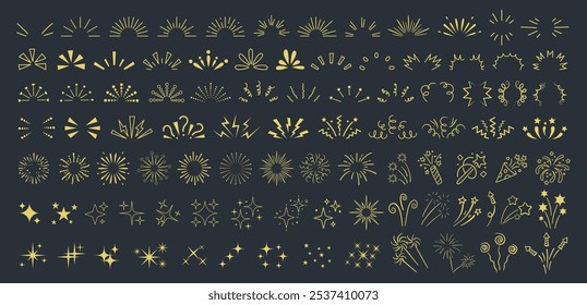 Hand drawn shiny sun burst, doodle sparkle line, decorative explosion ray, glitter light, christmas celebration firework and sparkling star silhouette icon set for social media. Summer nature sunbeam.