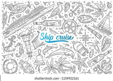 Hand drawn ship cruise set doodle vector background