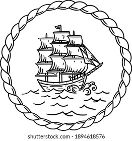 Hand drawn ship in a frame made of rope on a white background