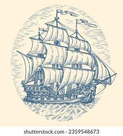 Hand drawn ship frigate sailboat old sketch. Vintage engraving style vector illustration