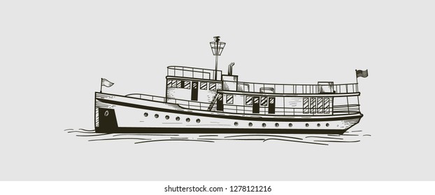 Hand drawn ship, line art, skecth