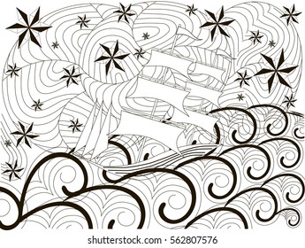 Hand drawn ship on waves, stars anti stress coloring page stock vector illustration