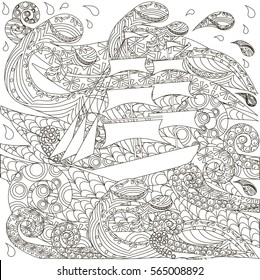 Hand drawn ship on zentangle waves, vector illustration