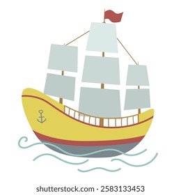 Hand drawn ship with sails in flat style. Vector sea life object for your design.