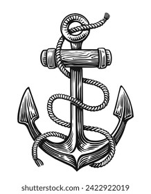 Hand drawn ship sea Anchor with rope. Sketch vintage vector illustration