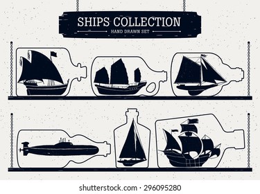 Hand drawn ship silhouettes set  in bottles.