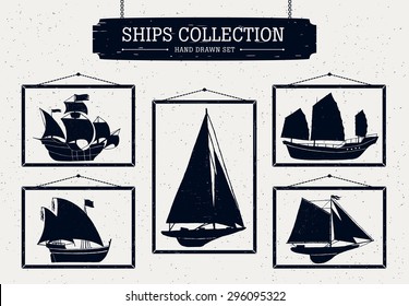 Hand drawn ship silhouettes set on white background in frames