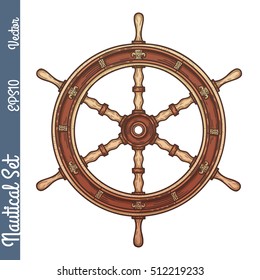 Hand drawn ship stearing wheel. Vector marine objects.